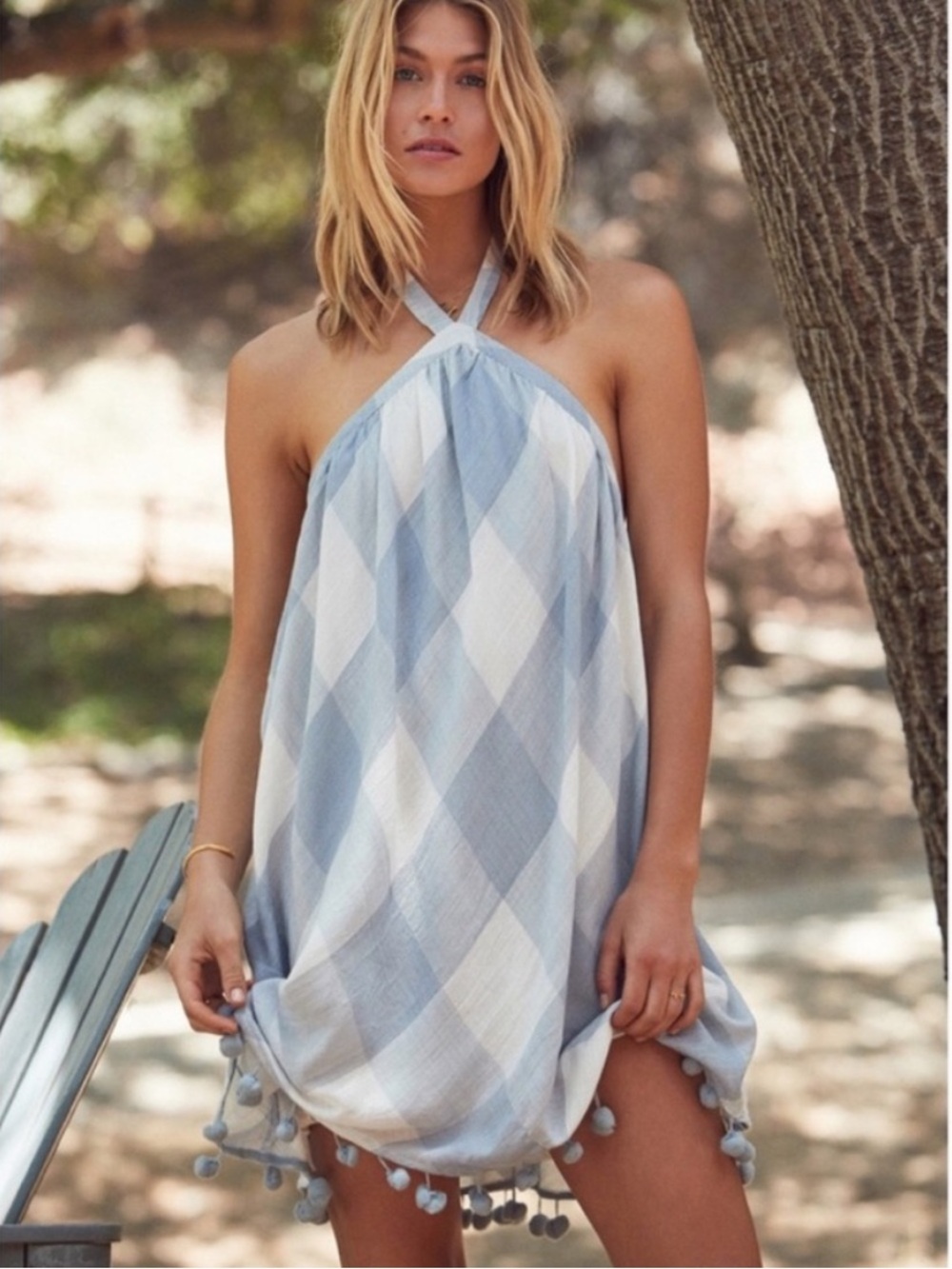 NWT Tularosa Holden Dress - Blue Gingham Halter Dress - Pom Pom Trim - Medium